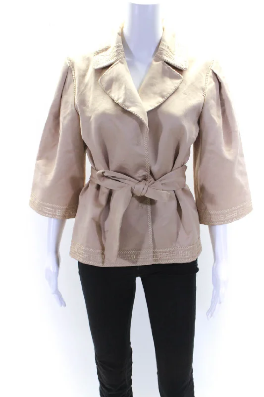 Alberta Ferretti Womens Button Down Belted Light Jacket Beige Cotton