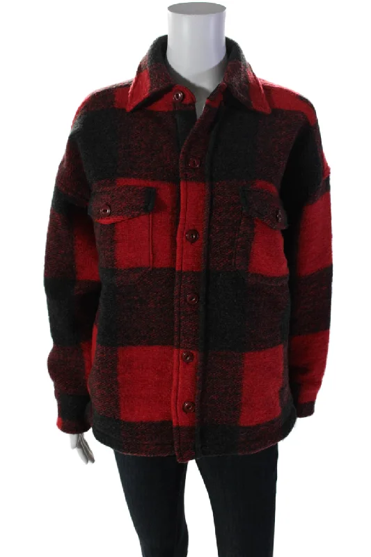 Anine Bing Womens Wool Knit Button Down Plaid Print Shacket Red Black