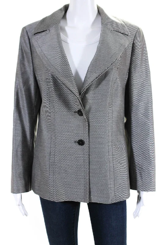 Escada Womens Striped Wide Lapel Button Down Jacket Black White Wool