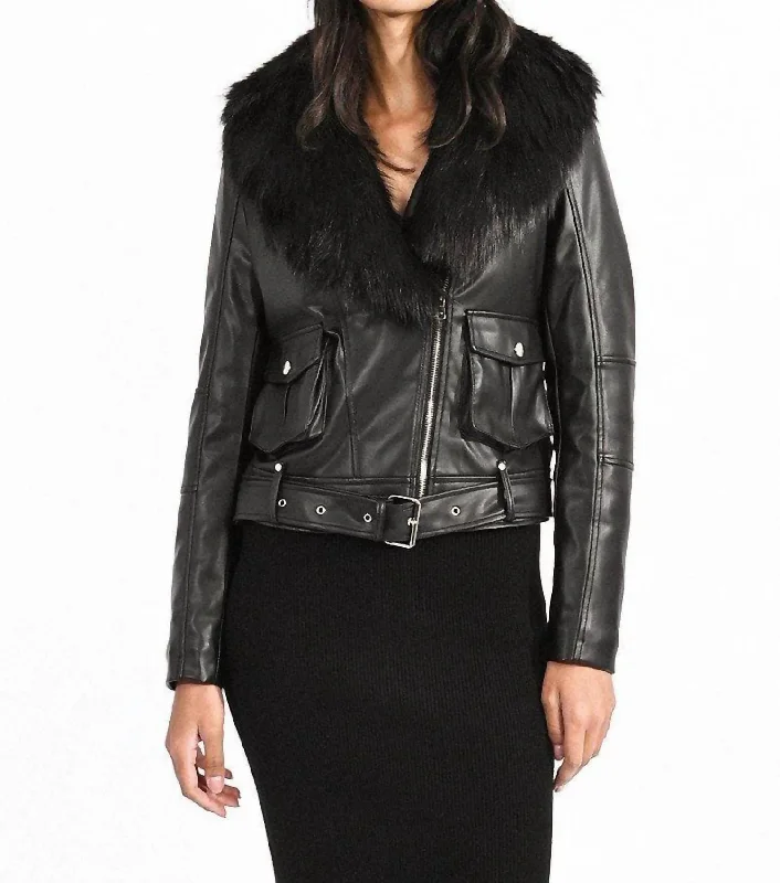 Faux Leather Moto Jacket With Faux Fur Collar In Black