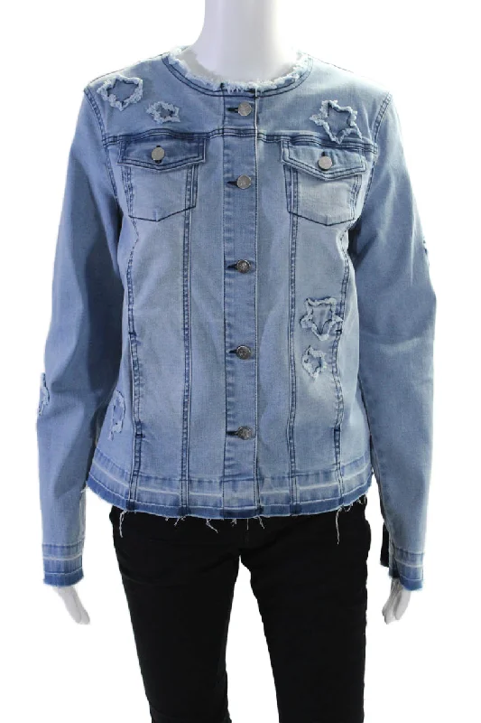 Renuar Womens Cotton Denim Star Embroidery Button Down Jean Jacket Blue